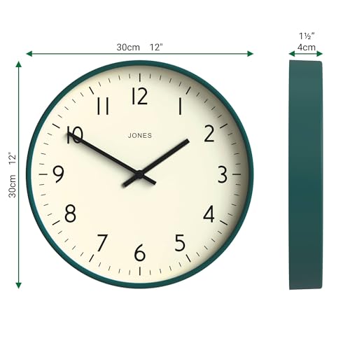 JONES CLOCKS® Studio Clock | Modern Round wall Clock | 12" | Dark Green | Easy to Read Numbers | Versatile Design for Kitchen, Living Room or Office - color: Eden Green