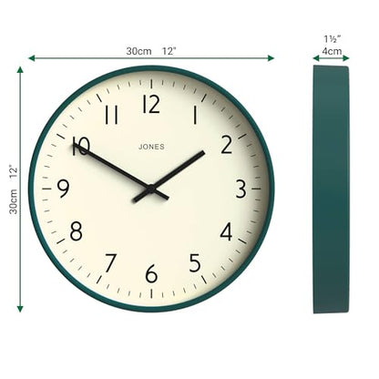 JONES CLOCKS® Studio Clock | Modern Round wall Clock | 12" | Dark Green | Easy to Read Numbers | Versatile Design for Kitchen, Living Room or Office - color: Eden Green