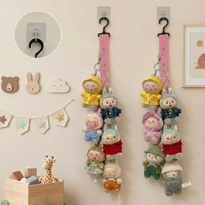 Plush Doll Hanging Storage Rope Display Rack with 8 Clips – Wall Hanging Organizer for Keychain Plushies, Mini Toys– Holds up to 3kg (2 PCS Pink) - color: 2 PCS Pink