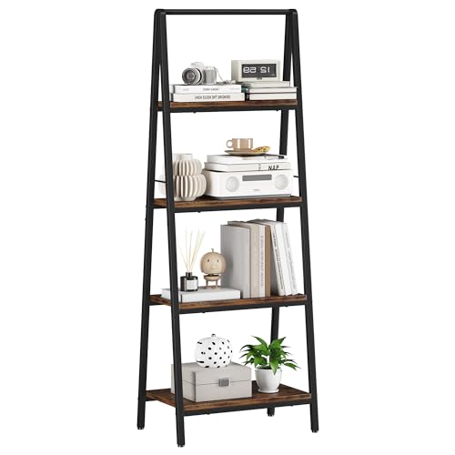 Homeiju Ladder Shelf, 4-Tier Leaning Ladder Bookshelf, Rustic and Wood Ladder Shelf Bookcase, Industrial Ladder Shelf Storage Rack for Home Office, Bedroom, Bathroom or Kitchen