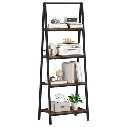 Homeiju Ladder Shelf, 4-Tier Leaning Ladder Bookshelf, Rustic and Wood Ladder Shelf Bookcase, Industrial Ladder Shelf Storage Rack for Home Office, Bedroom, Bathroom or Kitchen