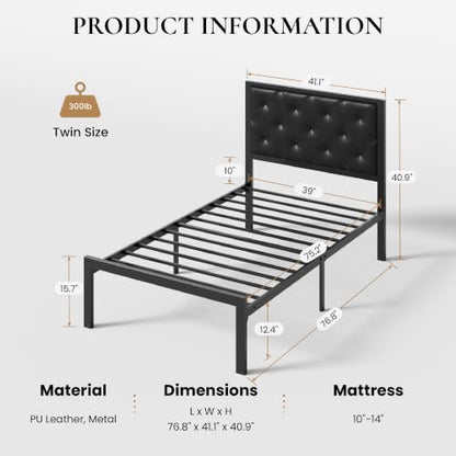 SHA CERLIN Twin Size Metal Bed Frame with PU Tufted Headboard, Black | Modern Design Heavy-Duty Platform Bed, No Box Spring Need, PU Leather Upholstery, Noise Free, Easy Assembly - color: Black, size: Twin
