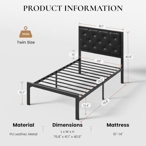 SHA CERLIN Twin Size Metal Bed Frame with PU Tufted Headboard, Black | Modern Design Heavy-Duty Platform Bed, No Box Spring Need, PU Leather Upholstery, Noise Free, Easy Assembly - color: Black, size: Twin