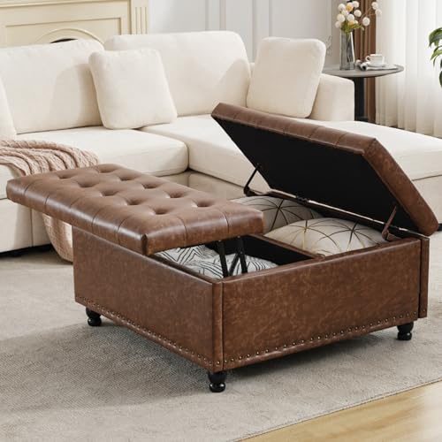 Tbfit 35.5" Large Square Storage Ottoman Bench, Tufted Upholstered Coffee Table Ottoman with Lift Top & Wooden Legs, Oversized Storage Ottomans Toy Box for Living Room (Brown) - color: Brown