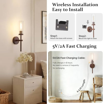 Shenmoyl Battery Operated Wall Sconces Set of 2, Walnut Color Rechargeable Wall Lighting Fixtures, Dimmable Wall Lights with Remote & Clear Glass Shade for Living Room, Bathroom,Bedroom - color: Walnut - Clear Glass