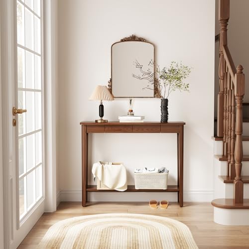 AQIMUELE Wood Console Table with Drawers, Walnut - color: Walnut