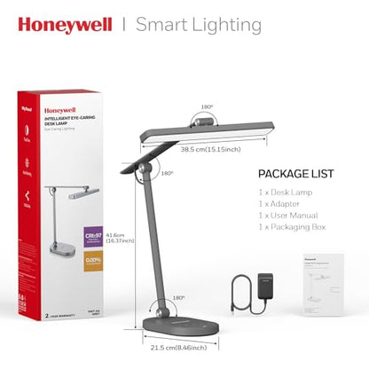 Honeywell HWT-H4 LED Desk Lamp, Eye-Caring, Dimmable, Auto Sensor | CRI97 Sunturalux LED, flicker-free eye care, 3 color temperatures, 5 brightness levels, auto dimming sensor, 60-min timer - color: Gray