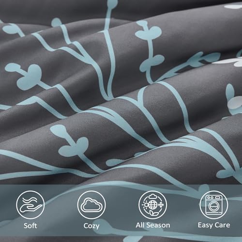 DJY Blue and Grey Reversible Comforter Set with Quilt Set Branch Flroal Pattern Bedding Set
