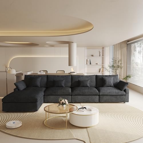 Cloud Couch Modular Sectional Sofa,156" L Shaped Couch, Oversized Down Filled Convertible Wide Seater,4 Seater with Ottoman for Living Room Set, Covers Washable&Replaceable,Black - color: Black, size: 4 Seat &Ottoman