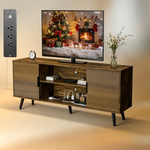 Lightdot 55" Amber Small TV Stand for TVs Up to 65" with Power Outlet | Mid-Century Modern Media Console with Fluted Side Cabinets & 2 Storage Shelves for Living Room Bedroom Entrance - color: Amber/55"