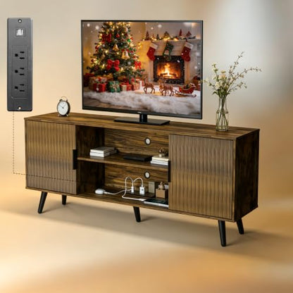 Lightdot 55" Amber Small TV Stand for TVs Up to 65" with Power Outlet | Mid-Century Modern Media Console with Fluted Side Cabinets & 2 Storage Shelves for Living Room Bedroom Entrance - color: Amber/55"