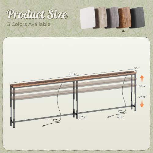 Huuger 86.6 Inch Sofa Table with Power Outlets, 23.9’’-34.4’’ Height Adjustable Range, Behind Couch Table with USB-C Ports, Sofa Tables Narrow Long, Skinny Console Table, Small Spaces, Rustic Brown - color: Rustic Brown, size: 86.6''W x 23.9''-34.4''H