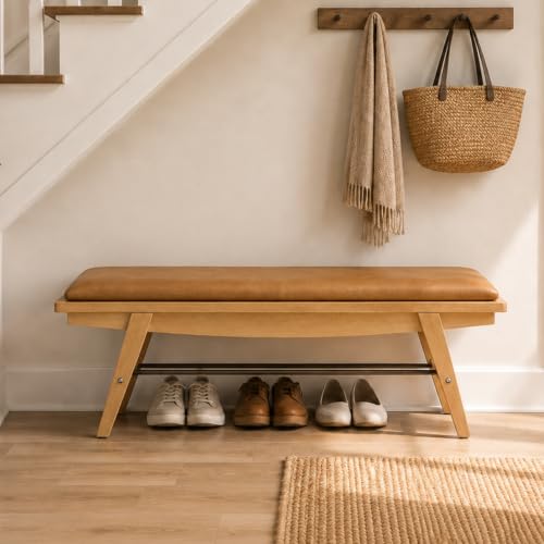 43.5'' Entryway Bench Leather Upholstered Shoe Benches Farmhouse Dining Table Benches for for Hallway Living Room Bedroom End of Bed, Brown - color: Brown, size: 43.5''