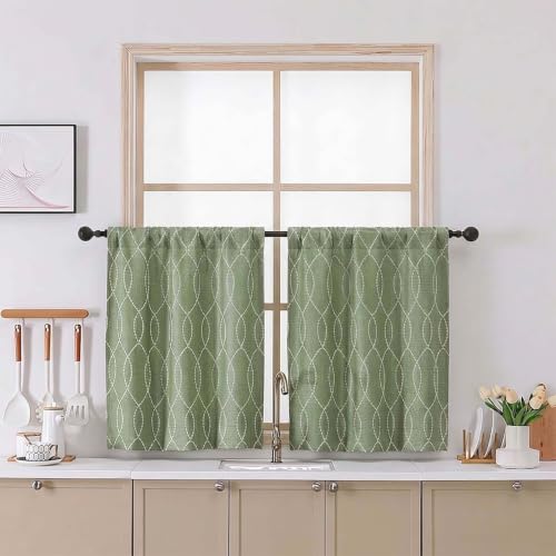 Chyhomenyc Short Curtains Tiers 24 Inch Length, 2 Packs | Light Filtering Faux Linen Half Window Cafe Curtains for Bathroom Laundry, Each 26Wx24L, Green with Beige 3D Wave Line - color: Green With Beige, size: 26"W x 24"L (Pack of 2)