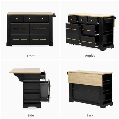 Charging Kitchen Island with 6 Drawers & Drop Leaf, Mobile Cabinet w/Trash Bin Compartment (Not Included), Rustic Wood Cart for Small Spaces (Black/D6) - color: Black/D6)