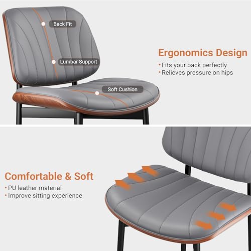 YaFiti Mid Century Dining Chairs Set of 2 with Walnut Bentwood, Gray | Ergonomic Walnut Backrest, Upholstered Waterproof PU Leather Seat, Stable Metal Legs, Adjustable Footpads, Apartment Friendly - color: Gray Scallop