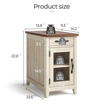 LINSY HOME End Table with Charging Station, Modern Farmhouse Wooden Side Table with Drawer, Detachable Holder, Extra Storage & Display Space, for Living Room and Bedroom, Glass Door, Washed Grey | Built-in Charging Station with USB & Outlet, Drawer Storag
