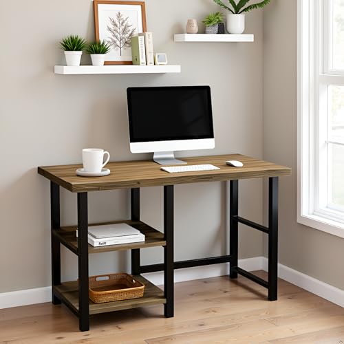 Alaterre Furniture Pomona Industrial Study Desk, Natural, 48”x24”x30” | Writing Desk with Solid Pine Wood Top, 2 Open Shelves, Metal Frame, Floor Levelers, For Home Office, Bedroom, or Dorm - style: Desk with Shelves