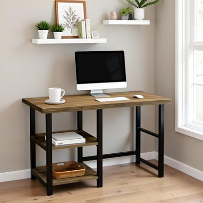 Alaterre Furniture Pomona Industrial Study Desk, Natural, 48”x24”x30” | Writing Desk with Solid Pine Wood Top, 2 Open Shelves, Metal Frame, Floor Levelers, For Home Office, Bedroom, or Dorm - style: Desk with Shelves
