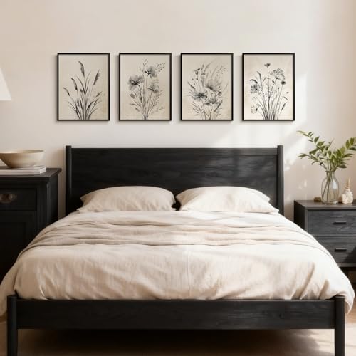 Framed Vintage Rustic Farmhouse Botanical Floral Wall Art, 4 Piece 11x14 In | Retro neutral flower pictures, Waterproof canvas prints, Ready to hang artwork, Kitchen bedroom hallway wall decor - color: Misty - Black Framed, size: 11" W x 14" H x 4 pcs