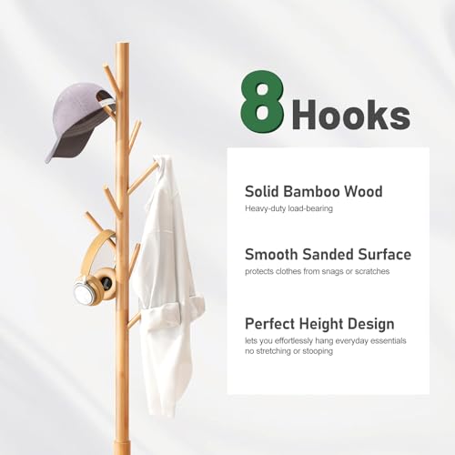 kiplant Coat Rack Freestanding, Bamboo Wood Coat Stand with 8 Hooks,3 Adjustable Size,Easy Assembly NO Tools Required, Coat Tree Hanger Stand for CoatsScarves in Hallway - color: Nature