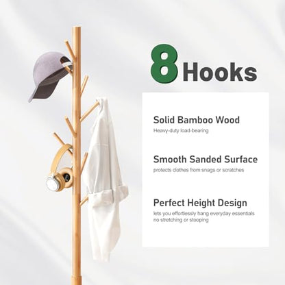 kiplant Coat Rack Freestanding, Bamboo Wood Coat Stand with 8 Hooks,3 Adjustable Size,Easy Assembly NO Tools Required, Coat Tree Hanger Stand for CoatsScarves in Hallway - color: Nature