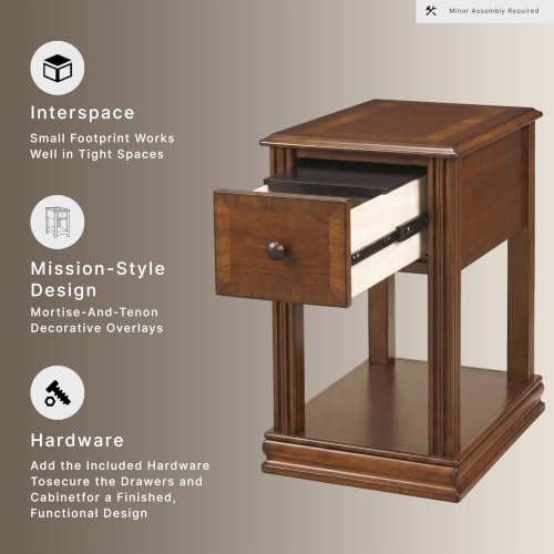 Signature Design by Ashley Breegin Narrow Chairside End Table | Rich dark brown wood veneers, Deep storage drawer with removable PVC tray, Compact 13-inch width fits tight spaces - color: Medium Brown