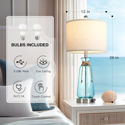 Rinweey 26" Coastal Lamps for Living Room Set of 2,3-Way Dimmable Bedside Lamps with USB Ports and AC Outlet, Nautical Lamps for Nightstand Bedroom Living Room,Teal - color: Coastal
