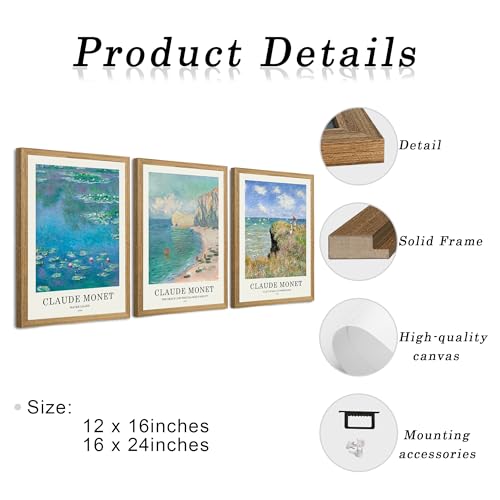 JLTULT Claude Monet Wall Art Set of 3, Solid Wood Frames, 12 x 16 in Each | Monet impressionist prints on fade-resistant canvas with ready-to-hang solid wood frames for living rooms and bedrooms - color: Monet, size: 16"L x 12"W