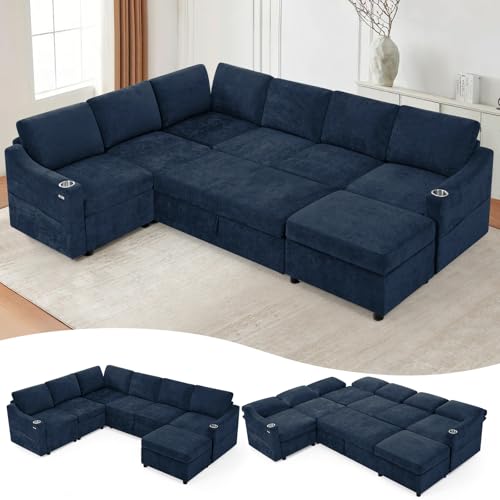 116" Chenille Modular Sofa Bed w/Adjustable Backrests, Blue | U-Shape Sleeper Sofa w/USB Ports & Storage Space, Convertible Corner Sectional Couch w/Pull Out Bed for House, Living Room - color: Blue, style: U-Shape