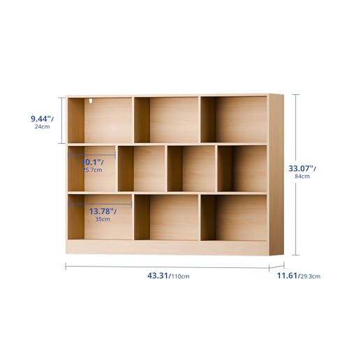 Oak Bookshelf, 3-Tier Open Shelf Bookcase, 10 Cube Storage Organizer with Anti-Tilt Device, Freestanding Horizontal Bookshelf Cube Shelf for Bedroom, Living Room - color: Oak, size: 43.31"W x 33.07"H