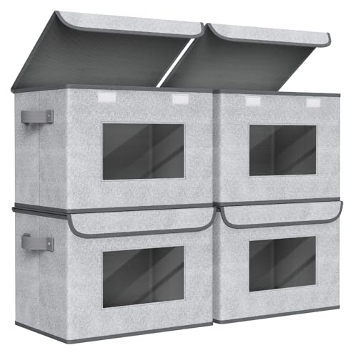 Univivi Fabric Closet Storage Bins with Lids for Shelves 4 Pack, Gray | 17 x 12 x 12 In Clothes Storage Bins with Handles & Window, Foldable Closet Organizers and Storage for Home, Office, Bedroom - color: Gray