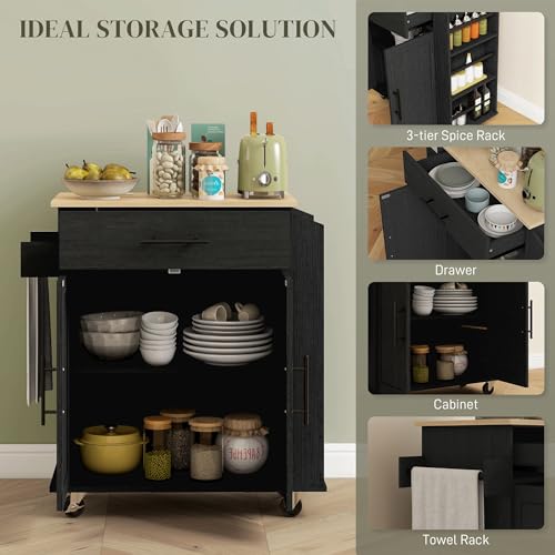 HOMCOM Kitchen Island with Storage Microwave Stand AC Outlets Black | USB Ports, Rolling Kitchen Cart, Towel Rack, Spice Rack - color: Black