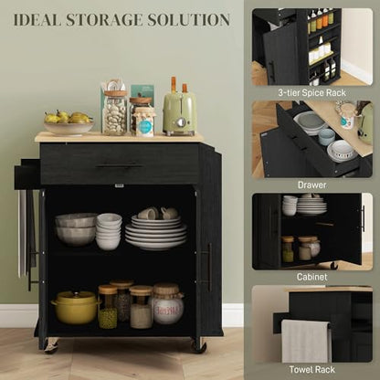 HOMCOM Kitchen Island with Storage Microwave Stand AC Outlets Black | USB Ports, Rolling Kitchen Cart, Towel Rack, Spice Rack - color: Black