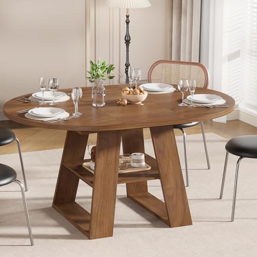 43.3"-59" Extendable Round Oval Dining Table for 4-8 with Storage Shelf | Modern Kitchen Oval Dining Table with Removable Leaves,Space Saving Extendable Table Wood Base for Kitchen Living Room Walnut - color: Walnut Style 2