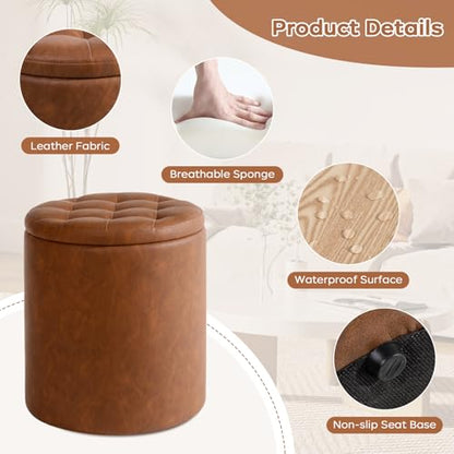 Round Ottoman with Storage Set of 2, 12.6"W x 14.17"H & 14.76"W x 17.32"H Faux Leather Button Tufted Storage Ottoman, Boucle Vanity Stool Footrest Coffee Table for Living Room, Bedroom, Brown - color: Brown