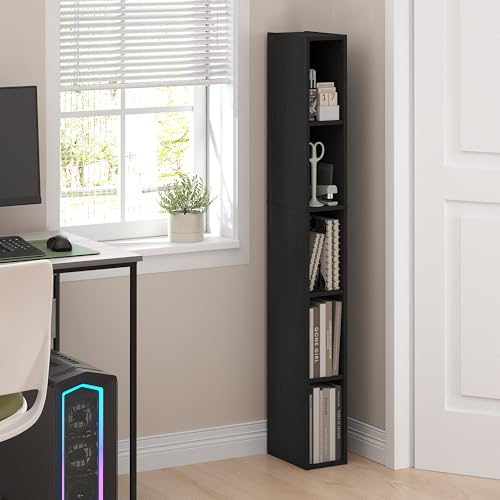 Furinno Fulda Book Shelf, 5-Tier Tall Narrow Bookshelf, Standing Bookcase with 6-in Width Storage Shelf, 9.3 x 5.9 x 51.9, for Organization Storage, for Living Room, Bedroom, Home Office, Blackwood - color: Blackwood, size: 5-Tier, 6W