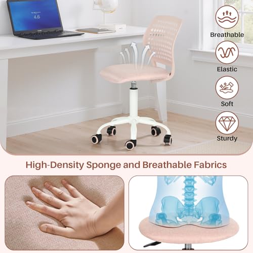 FurnitureR Armless Rolling Kids Desk Chair with Breathable Back and Padded Seat, Ergonomic Adjustable Height Swivel Compact Study Computer Task Chair for Teens Adults, Blush Pink - color: Blush Pink
