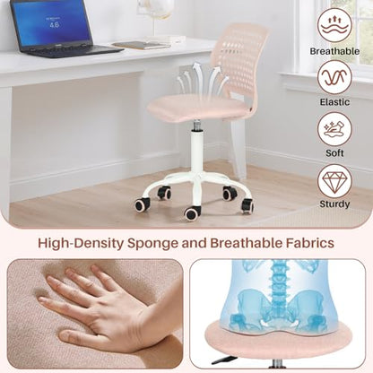 FurnitureR Armless Rolling Kids Desk Chair with Breathable Back and Padded Seat, Ergonomic Adjustable Height Swivel Compact Study Computer Task Chair for Teens Adults, Blush Pink - color: Blush Pink