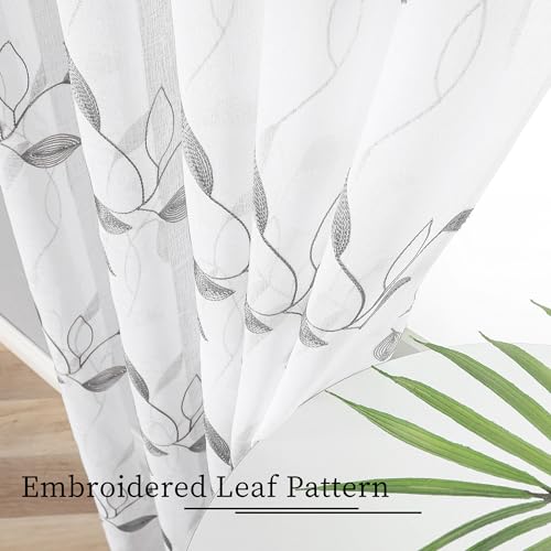 Tollpiz Grey Leaf Sheer Tier Curtain Kitchen 30 x 36 Inches | Leaves Embroidered Curtains Rod Pocket Voile Bathroom Window Treatment for Cafe, Set of 2 Panels - color: Grey, size: 30"W x 36"L (Pack of 2)
