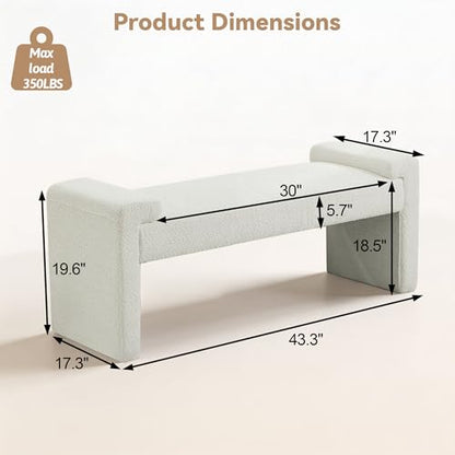 Upholstered Entryway Bench, 43" Modern Bedroom Bench, White | Sherpa Fleece, Curved Armrests, Solid Wood Frame, End of Bed, Bedroom, Living Room, Hallway - color: White-sherpa, size: 43"
