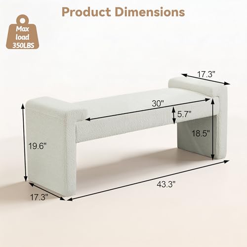 Upholstered Entryway Bench, 43" Modern Bedroom Bench, White | Sherpa Fleece, Curved Armrests, Solid Wood Frame, End of Bed, Bedroom, Living Room, Hallway - color: White-sherpa, size: 43"