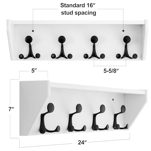SKOLOO Wall Shelf with Hooks, 24-Inch White Coat Rack Wall Mount with Shelf Organizer - Heavy Duty, 4 Tri Hooks - Perfect for Entryway, Hallway, Living Room, Bedroom, Mudroom - color: White, size: 24 inch with 4 hooks