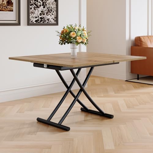 Adjustable Height Coffee Table, Folding Dining Table, Light Wood | Convertible lift top table for use as a coffee table, dining table, home office desk or vanity - color: Light Wood & Black Legs