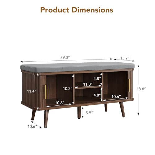 Decofy Shoe Storage Bench with Cushion and Sliding Doors, 39 Inch Shoe Bench with Storage, Freestanding Entryway Bench with Shoe Storage, with Solid Wood Legs, for Hallway & Entrance Hall, Walnut - color: Walnut, size: 39 Inch