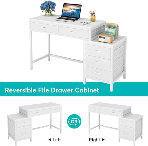 Tribesigns Computer Desk with 5 Drawers, Reversible Home Office Desks | Small Desk with Drawer Cabinet Printer Stand, PC Desk with Storage, White Study Writing Table Workstation for Small Spaces - color: White