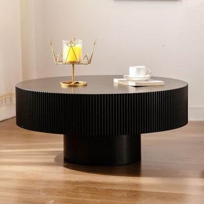 Round Fluted Drum Coffee Table with Pedestal Base | 30.9'' Modern Black Wooden Drum Center Table, Handcrafted Wood Fluted Edge, For Living Room & Apartment - color: Black Thick