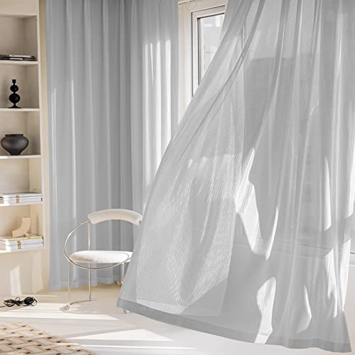 2 Panels Set Sheer Curtains 96 inch Length Light Gray 52" W x 96" L | Jacquard Semi Sheer Grommet Solid Casual Soft Voile Drapes with Light Filter window treatments for bedroom living room - color: Light Gray, size: 52"W x 96"L (Pack of 2)