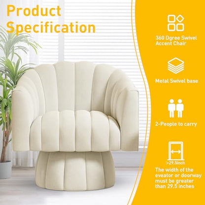 Dewhut Swivel Barrel Accent Chair, Velvet Reading Armchair, Beige, Set 1 | Mid Century Style, Modern Round ArmChair With 360° Swivel Base, For Living Room / Bedroom / Office - color: Beige