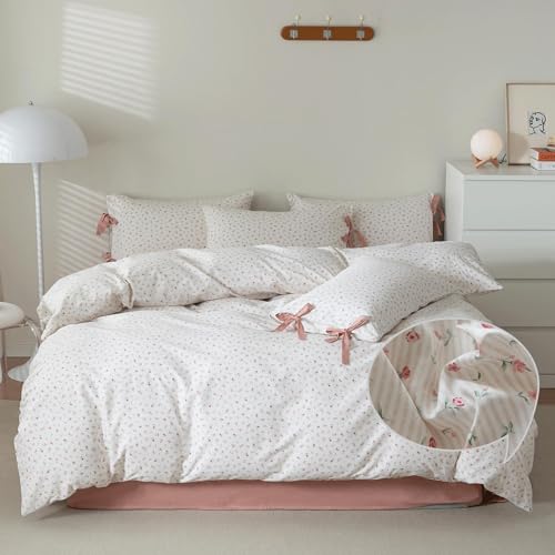 VM VOUGEMARKET Full Duvet Cover Set,3 Pieces Pink Flower Stripes Prints Duvet Cover with 2 Bowknot Pillowcases Vintage Floral Bedding Set Full Size 80"x90",Off-White/Cream - color: 03- Bowknot # Flower / Stripes (No Comforter), size: Full